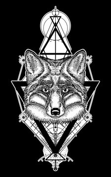 Fox tattoo geometric style. Mystical symbol of adventure, dreams