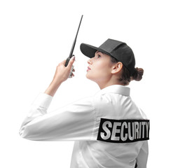 Female security guard on white background