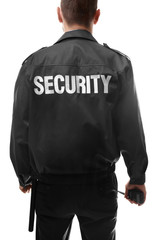 Fototapeta na wymiar Back of male security guard on white background