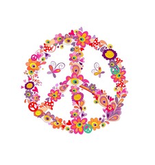 Peace flower symbol with abstract flowers, mushrooms and eyes