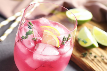Glass with delicious wine spritzer, closeup