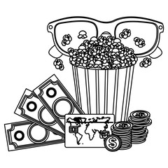 pop corn, 3d glasses and money, credit card icon, vector illustraction