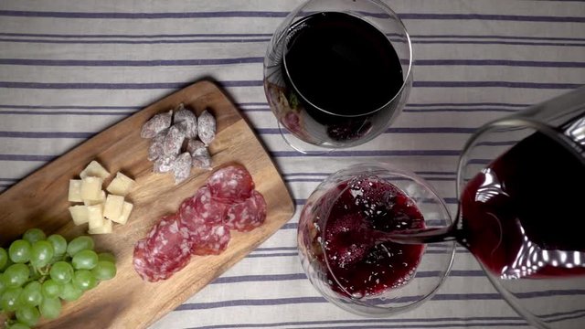 Red wine poured into a glass in slow motion with  italian finger food in the background. From above perspective.