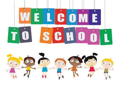 Welcome Back to school concept with childrens, chalkboard and Colorful worlds Vector.