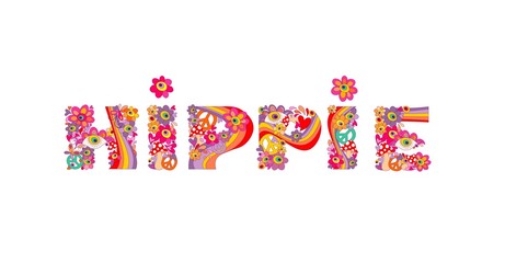 Psychedelic hippie lettering with colorful abstract flowers, peace symbol, eyes and fly agaric. Isolated on white background