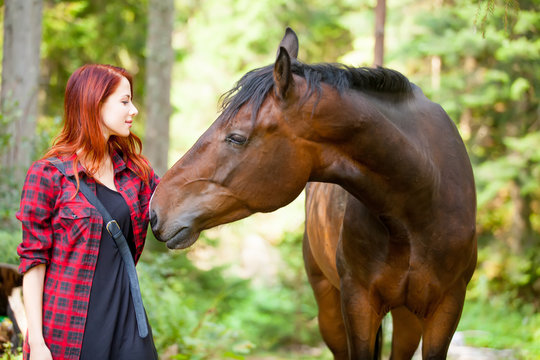 beautiful young woman touching wonderful horse on the natural forest background