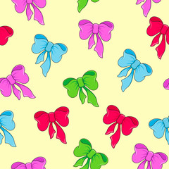 Seamless pattern which depicts colorful bows and ribbons on a yellow background