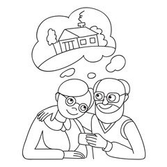 Senior couple with credit card dreaming about house. Banking concept illustration.