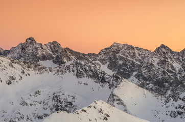 Poland, Winter High Tatras seen from Zawrat pass in the evening