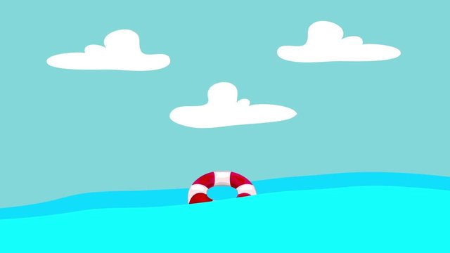 Cartoon Lifebuoy Floating in the Sea on a Blue Sky Background