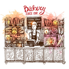 Obraz premium Hand drawn vector sketch interior of bakery shop.