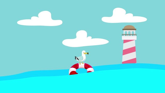 Cartoon Seagull Standing on a Lifebuoy Floating Between the Sea Waves with a Lighthouse