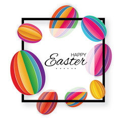 Origami Happy Easter. Colorful Paper cut Easter Egg. Square black frame. White background