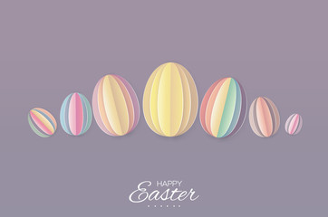 Happy Easter Greating card. 7 Pastel Paper cut Easter Egg. Purple background.