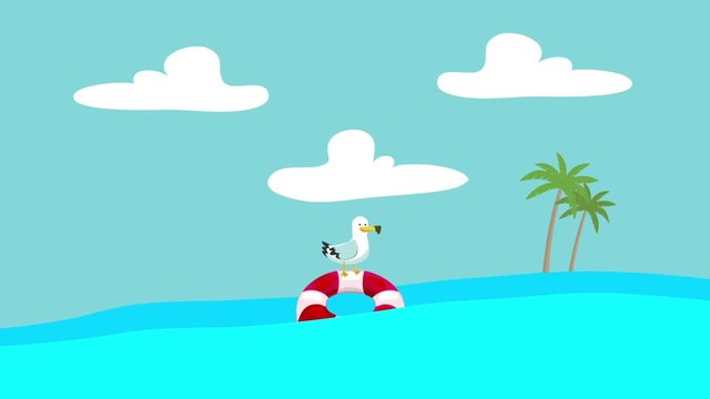 Cartoon Seagull Standing on a Lifebuoy Floating Between the Sea Waves with an Island at the Distance