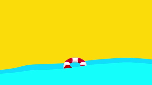 Cartoon Lifebuoy Floating Between the Sea Waves