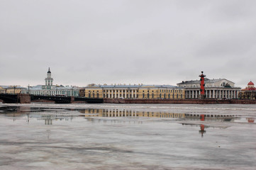 A harsh and majestic city. The beginning of spring in the city, cityscape, St. Petersburg. Reflections in the water.