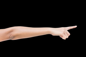 a woman show right side hand show forefinger/index finger, correct, pointing, shoot. isolated on black background.