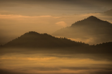 Misty mountains landscape in the morning, Poland