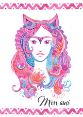 Whimsical hand drawn card template with watercolor zentangles, female portrait