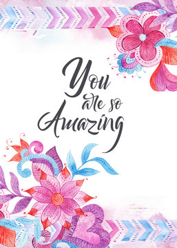 Whimsical hand drawn card template with watercolor zentangles