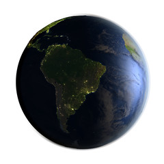 South America on Earth at night isolated on white