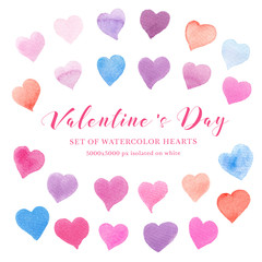 Watercolor collection of colorful hearts isolated on white - pink, red, purple, blue tints.