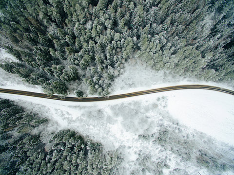 Aerial view of snowy forest with a road.