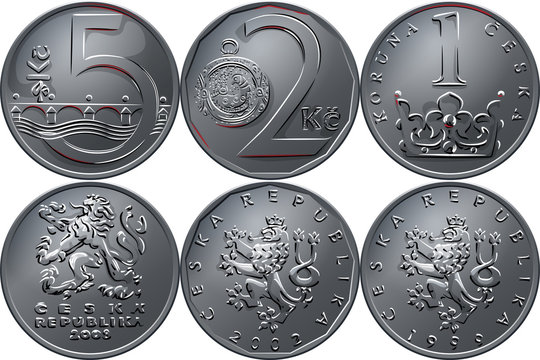 Set silver money, reverse and obvers of the coins one, two and five czech crones