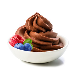 Bowl of chocolate yogurt or whipped cream with berries - raspberry, blueberry isolated on white background by clipping path. Macro.