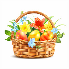 Easter basket with eggs and flowers isolated on white. Vector illustration.