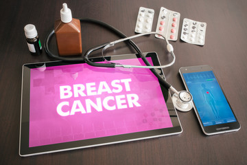Breast cancer (cancer type) diagnosis medical concept on tablet screen with stethoscope