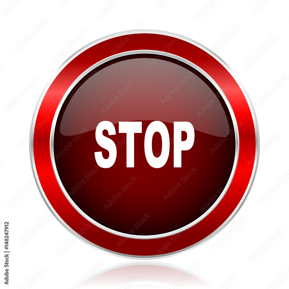 Aufkleber stop red silver metallic web and smartphone vector icon isolated on white background.