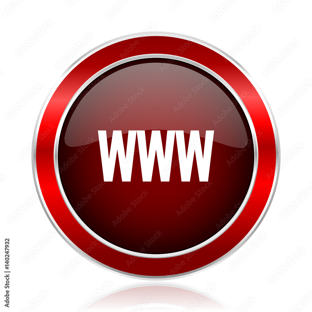 Aufkleber WWW red round glossy vector web icon. Circle modern design chrome metal border abstract sign for smartphone applications