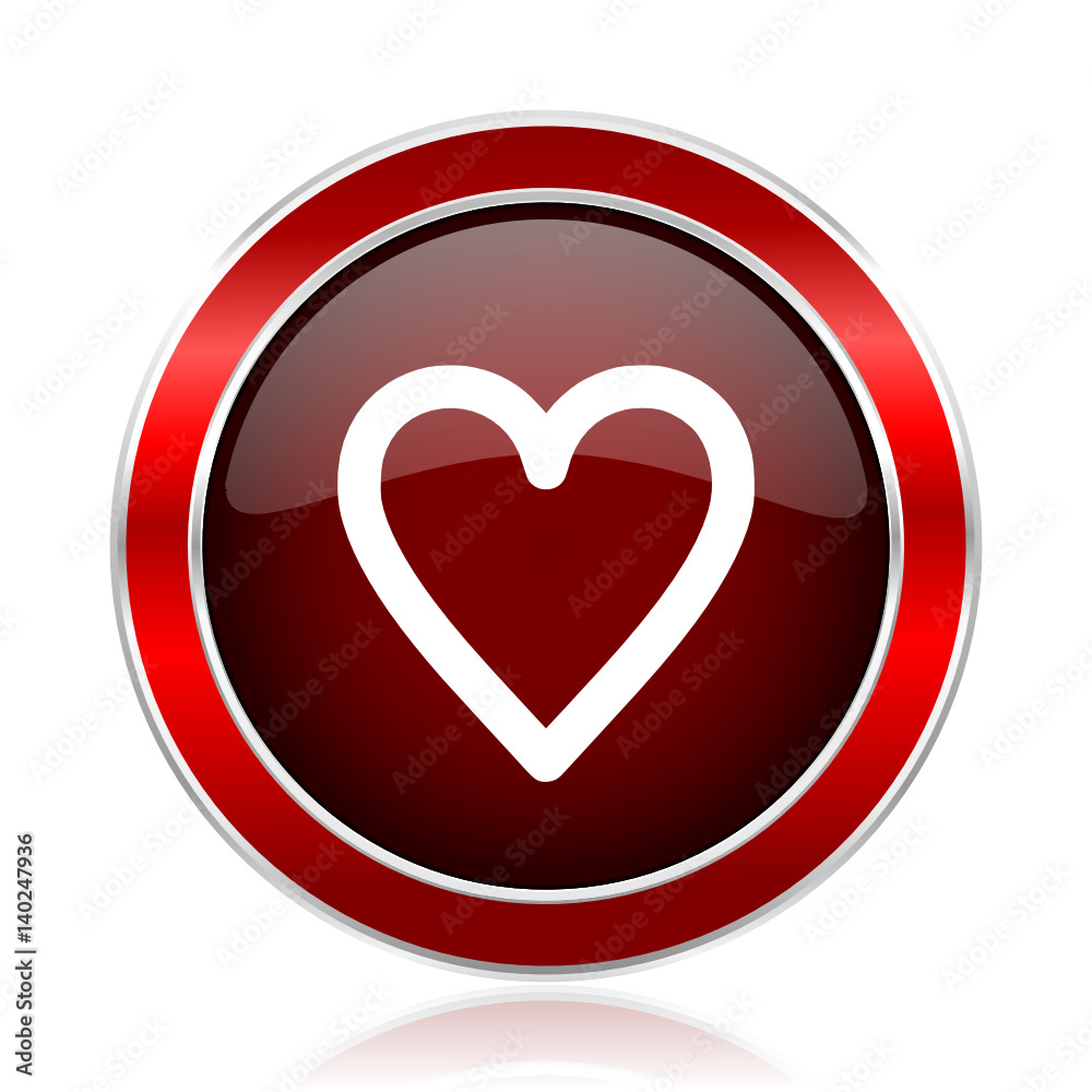 Poster Heart red round glossy vector web icon. Circle modern design chrome metal border abstract sign for smartphone applications