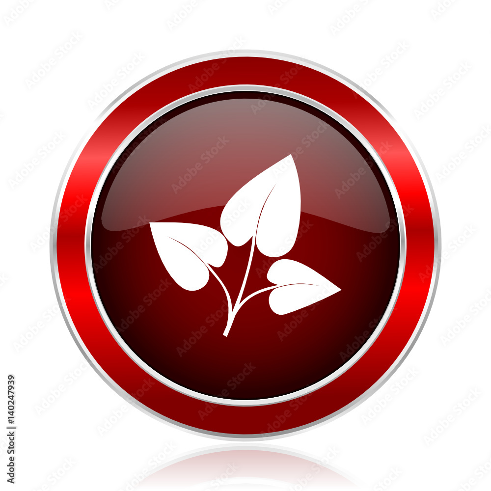 Leinwandbilder Leaf red round glossy vector web icon. Circle modern design chrome metal border abstract sign for smartphone applications