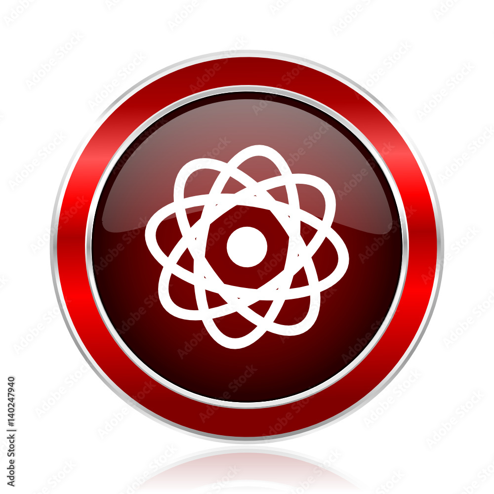 Poster Atom red round glossy vector web icon. Circle modern design chrome metal border abstract sign for smartphone applications
