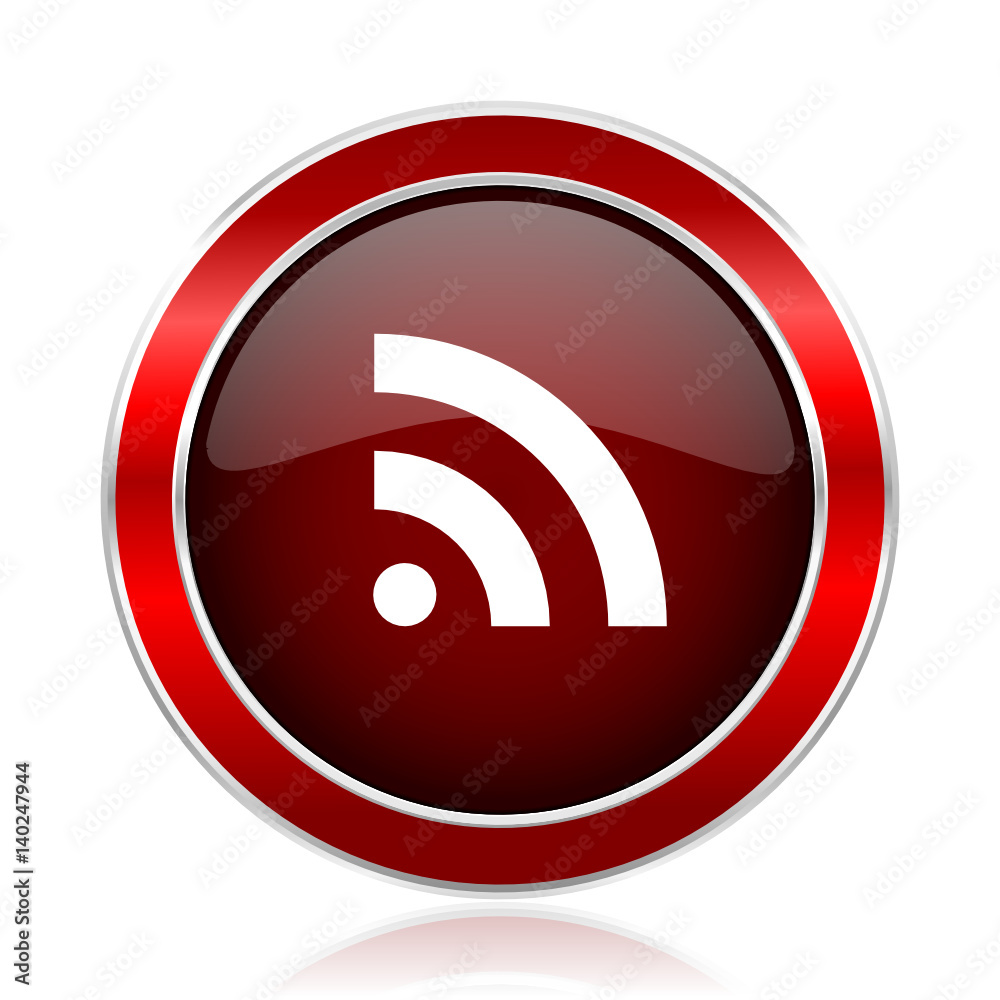 Poster Rss red round glossy vector web icon. Circle modern design chrome metal border abstract sign for smartphone applications