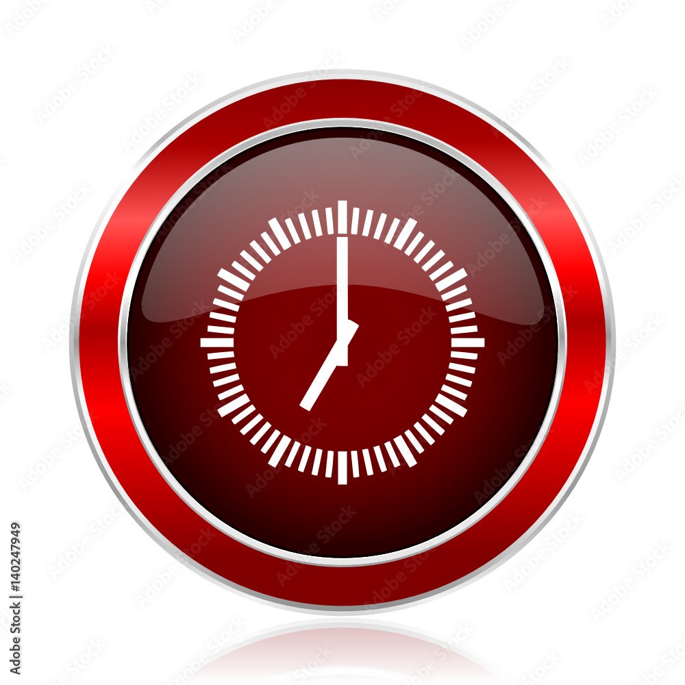 Poster Time red round glossy vector web icon. Circle modern design chrome metal border abstract sign for smartphone applications