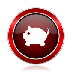 Piggy bank red silver metallic web and smartphone vector icon isolated on white background.