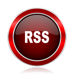 Rss red round glossy vector web icon. Circle modern design chrome metal border abstract sign for smartphone applications