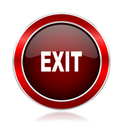 Exit red round glossy vector web icon. Circle modern design chrome metal border abstract sign for smartphone applications