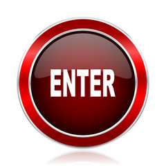 Enter red round glossy vector web icon. Circle modern design chrome metal border abstract sign for smartphone applications