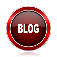 Blog red round glossy vector web icon. Circle modern design chrome metal border abstract sign for smartphone applications