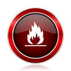Flame red round glossy vector web icon. Circle modern design chrome metal border abstract sign for smartphone applications