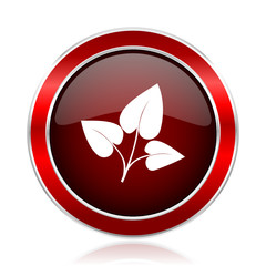 Leaf red round glossy vector web icon. Circle modern design chrome metal border abstract sign for smartphone applications