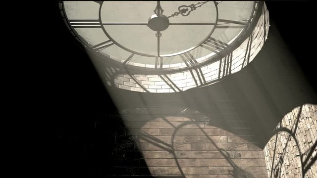 A  24 hour time-lapse from the interior of the attic room behind a working antique tower clock with light rays penetrating through