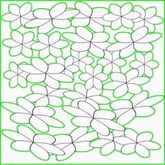 Abstract white background large white flowers with black and green bright strokes superimposed throughout the drawing