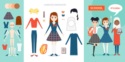 Schoolgirl character constructor set. Cartoon vector flat style infographic illustration. Girl pupil in school uniforms of different countries. Briefcase, book, hairstyle, clothes, skin color.