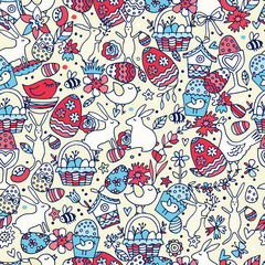 Cartoon vector hand drawn Doodle Happy Easter illustration. Seamless pattern.